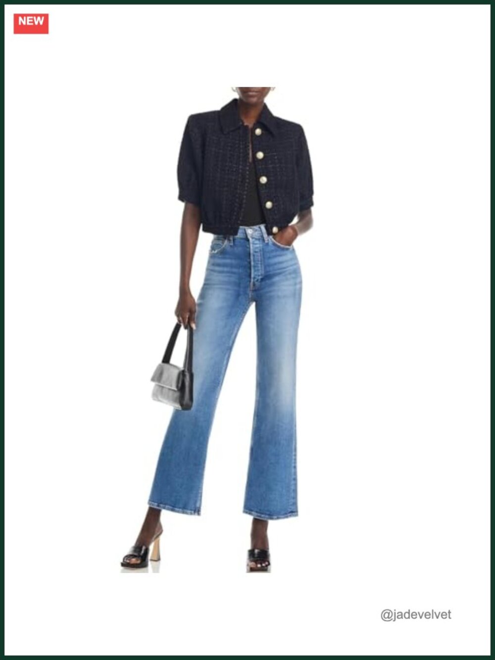 Women's Cropped Tweed Blazer Puff Sleeves Gold Buttons